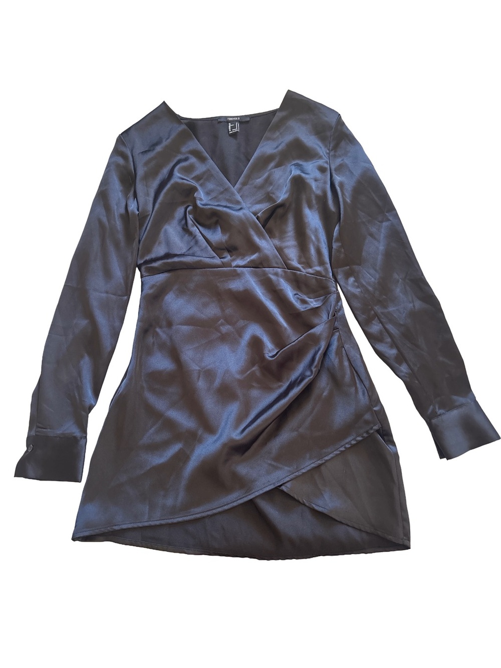 Forever 21 Black Satin Long Sleeve Wrap Mini Dress